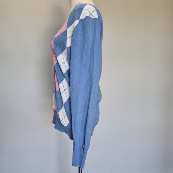 Tommy Hilfiger Blue & Pink Argyle V-Neck Cotton Knit Jumper Size L - Picture 3 of 8